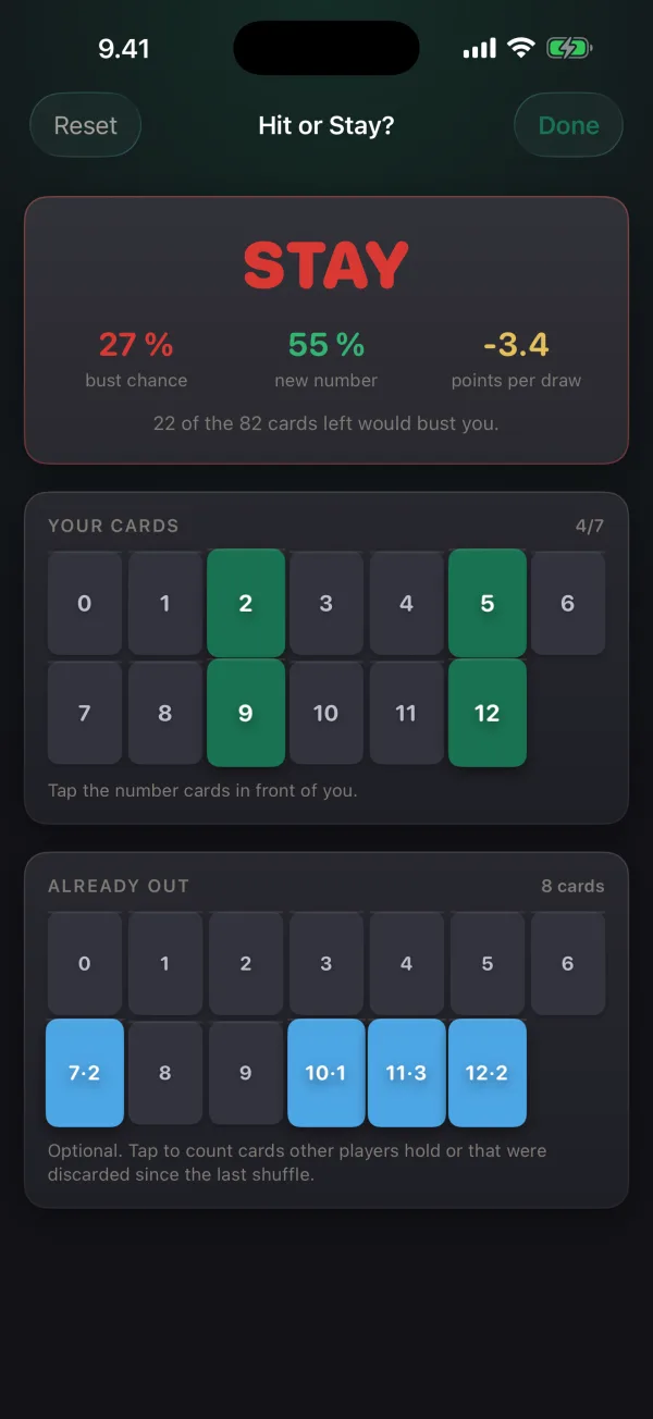 Flip 7 on a phone: the Hit or Stay helper shows a 27% bust chance, with the number cards 2, 5, 9 and 12 selected.